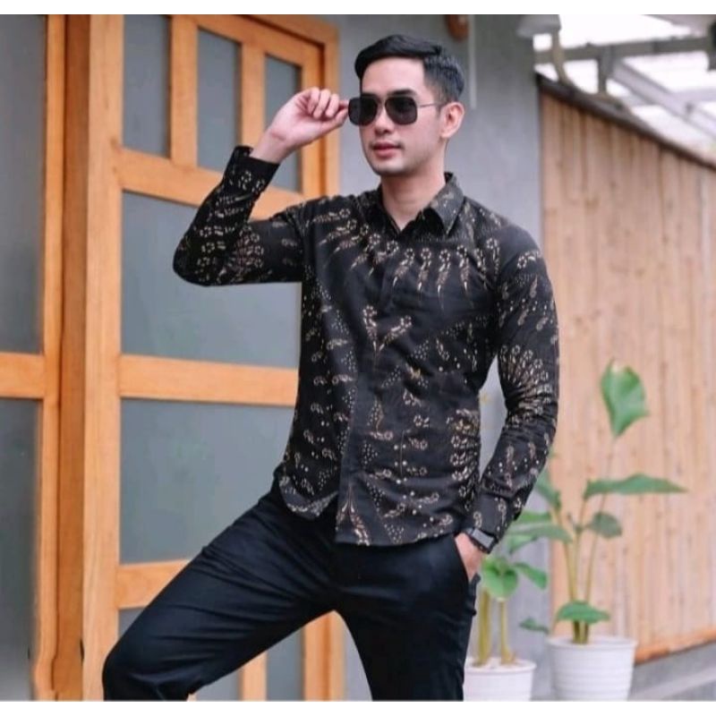 Batik Premium Slim fit Hitam Pria Lengan Panjang Dewasa Mewah Simple Elegan Batik Kondangan Laki Lak