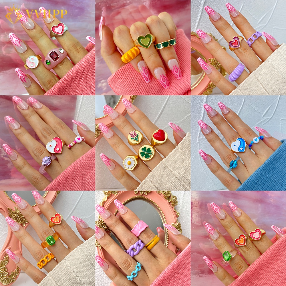 3Pcs/Set Fashion Colorful Rings Set Heart Chain Diamond Resin Alloy Ring Women Finger Ring Jewelry Accessories