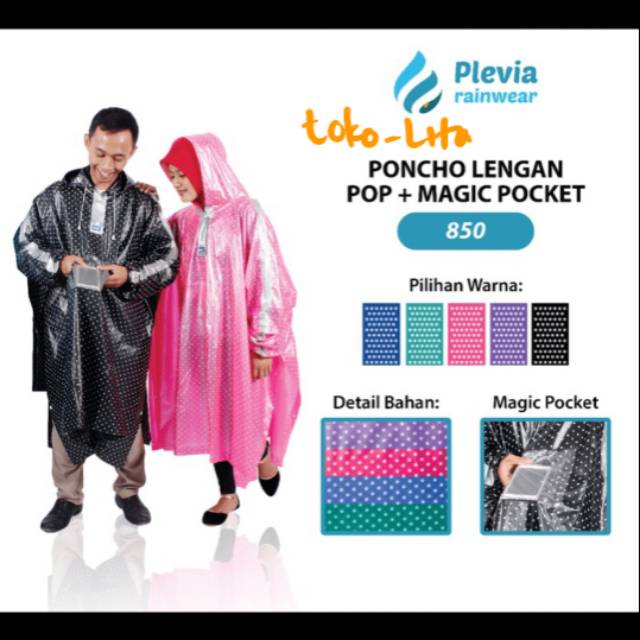 Jas Hujan Ponco Lengan Polkadot Pop Plus Magic Pocket Plevia 850 Poncho