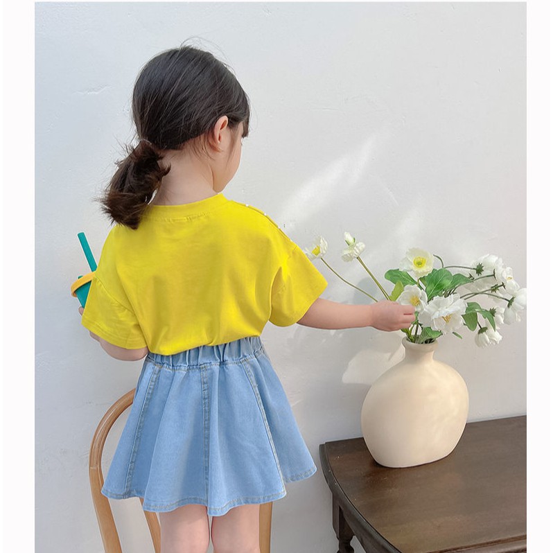 KF CAT Setelan Anak Perempuan Kaos Lengan Pendek +Rok Jeans Motif Pita 2IN1 Cotton Import Korea Style-1