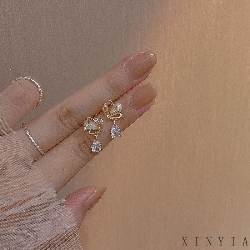 Anting Stud Desain Kupu-Kupu Hati Water Drop Bahan Zirkon Opal Untuk Wanita