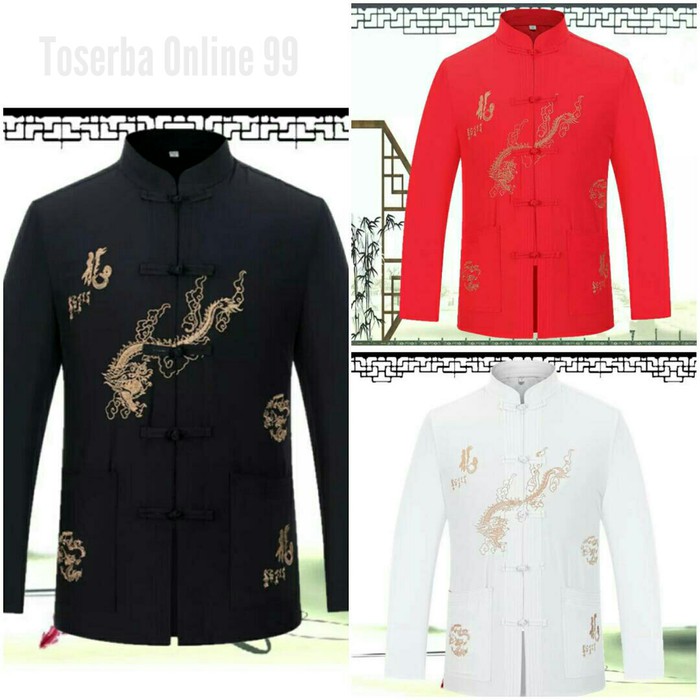 Cheongsam Katun Pria Bordir Naga Lengan Panjang