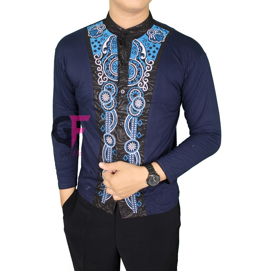 GIOFLO Baju Koko Modis Kemeja Muslimin Pria Lengan Panjang Navy Blue / KKL 38