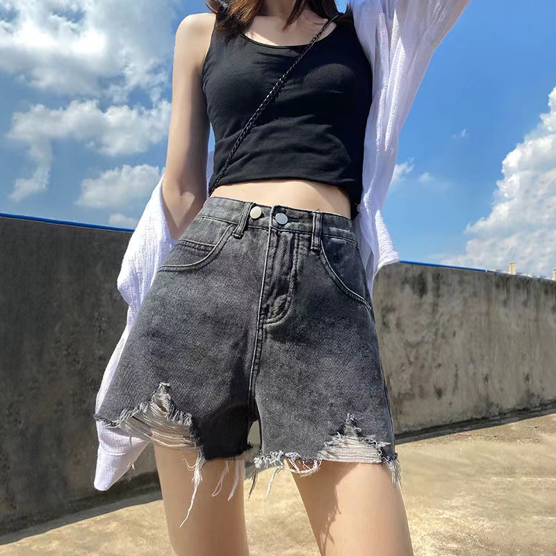 Celana Jeans Pendek Wanita Hot Pants Jeans korean style high waist Ripped sobek hotpants denim dewasa Robek xl XXl Biru hot pants kekinian shorts pants cewek ootd