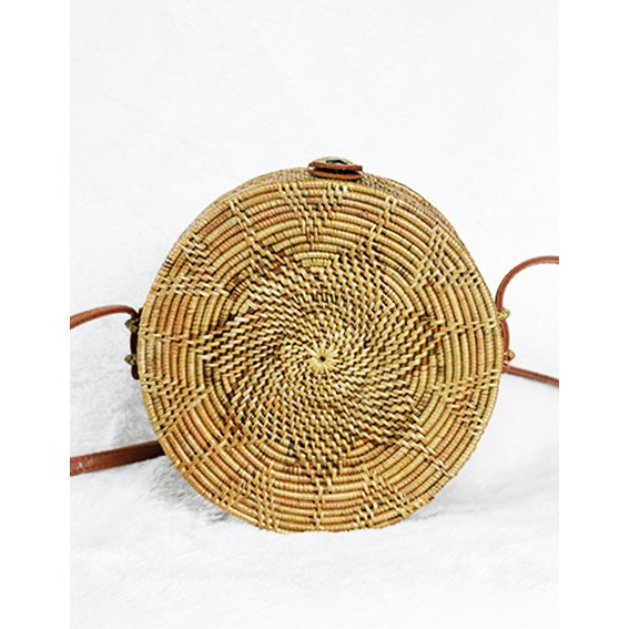 Sweet Honey Tas Rotan Ate Bulat Coklat Natural Motif Flower Rattan Bag Natural Diameter 20cm