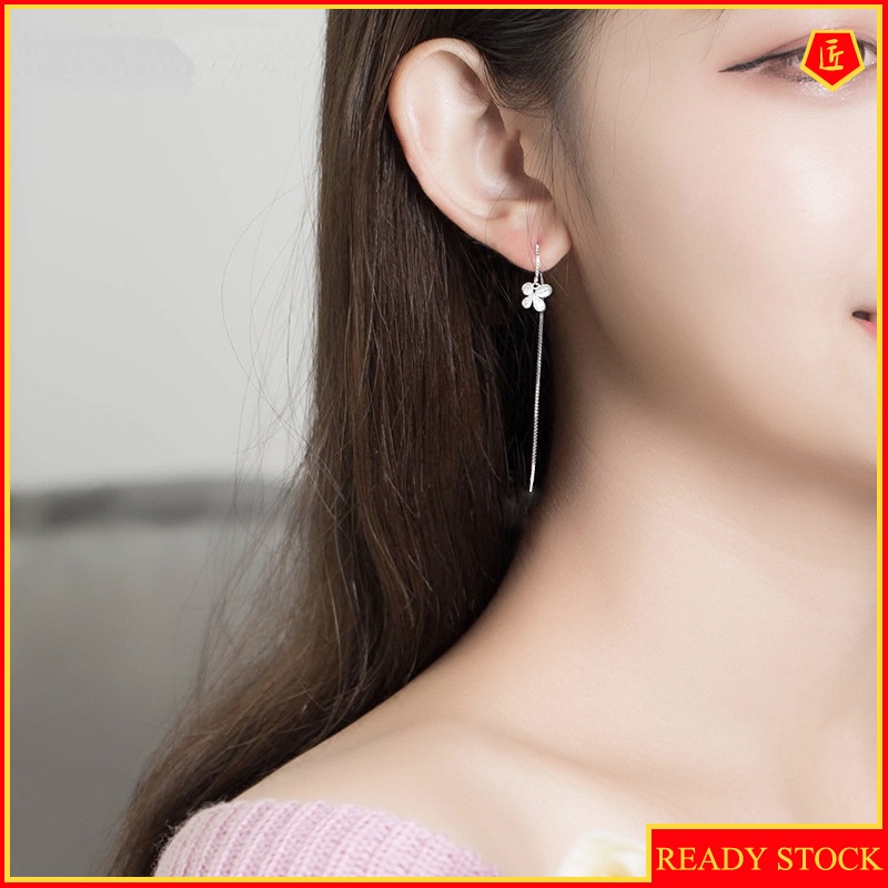 [Ready Stock]Hanging Earrings Women's Long 925 Silver Simple Flowers Elegant