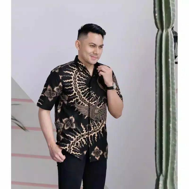 Batik kemeja pria lengan pendek &amp; panjang lapis furing batik bahan katun baturaden reguler Klabang hitam