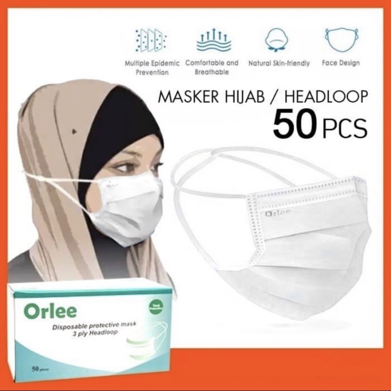 Masker Hijab Headloop ORLEE 3 ply / Surgical Disposable Mask / Kemenkes Putih Biru Pink Hitam Hijau 