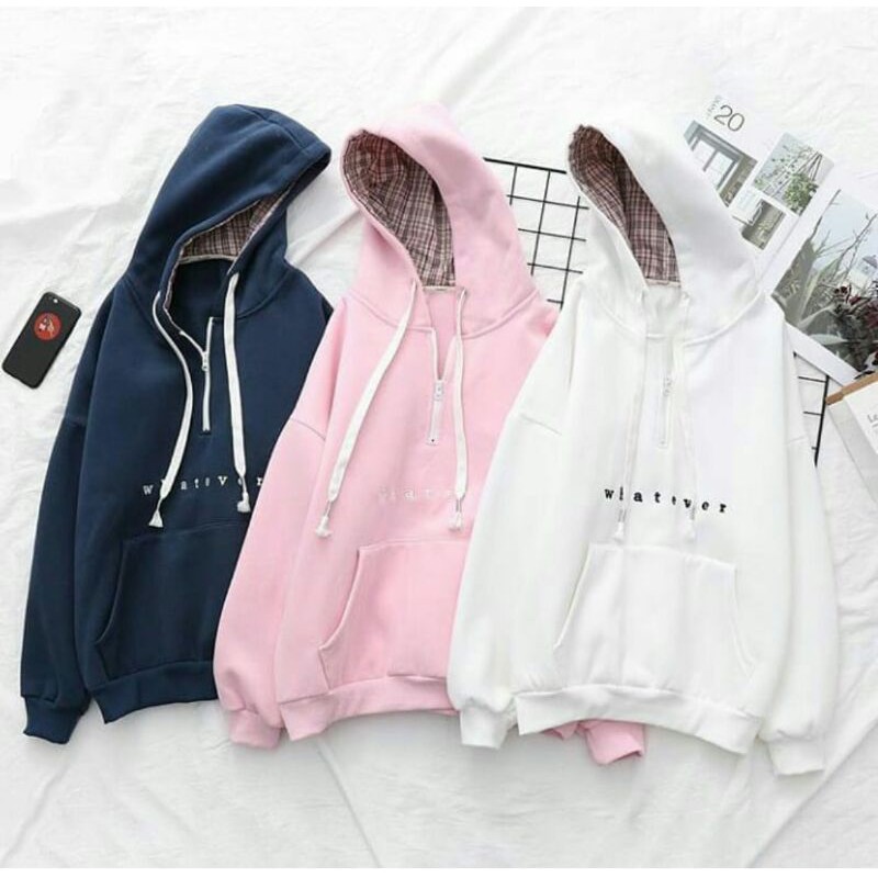 WHATEVER - Sweater Hoodie Wanita Korean Jaket  Keren Ada Saku Depan nya