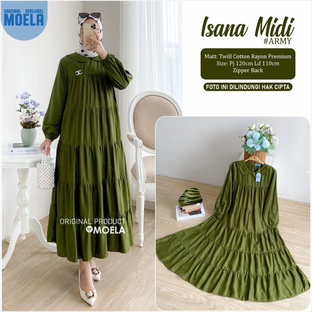 MIDI ORI MOELA ISANA ld 110cm premium cotton rayon twill zipper back RAMPLE SUSUN MUSLIM OOTD POLOS 