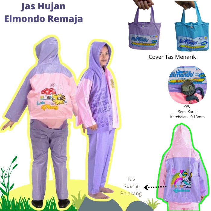 Jas Hujan Setelan Anak Remaja SD SMP - Raincoat Mantel Hujan Jaket Celana Remaja Elmondo Backpack 606 Tas Punggung