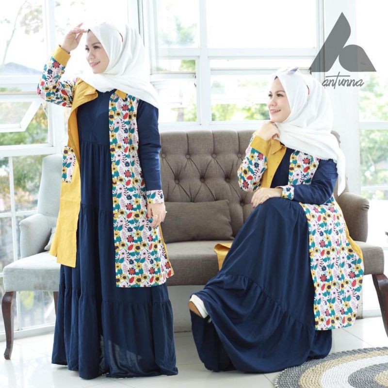 Set Gamis Navy Motif Floral by ANTUNNA Original
