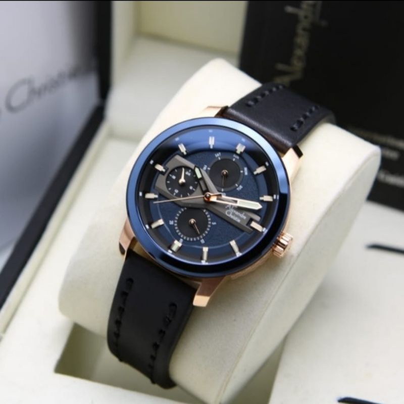 ALEXANDRE CHRISTIE AC 6562 LEATHER BLUE ROSEGOLD GARANSI RESMI