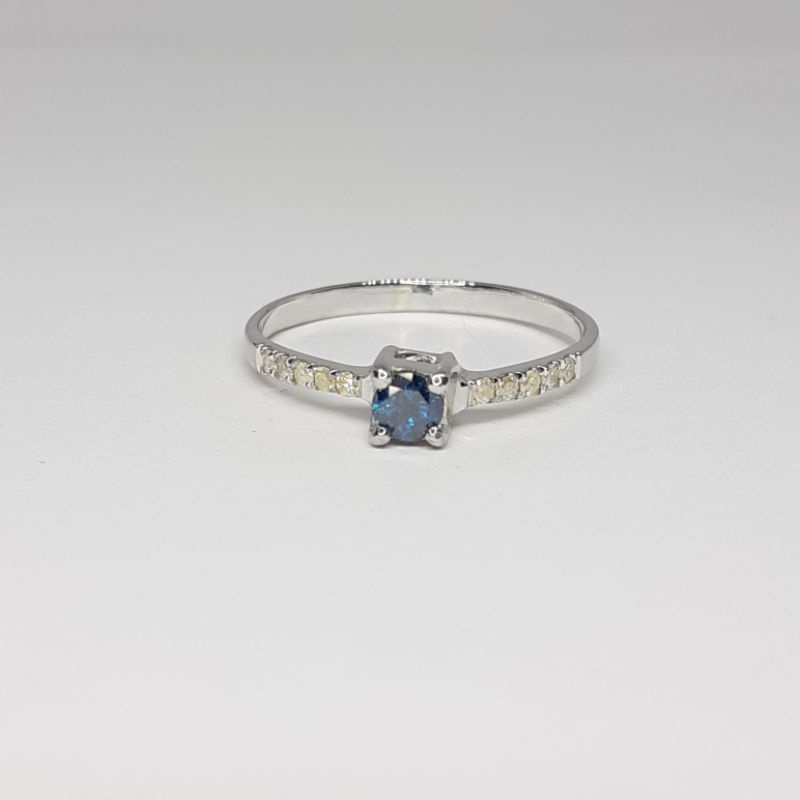 cincin emas putih wanita mata satu natural berlian biru dan berlian putih + memo