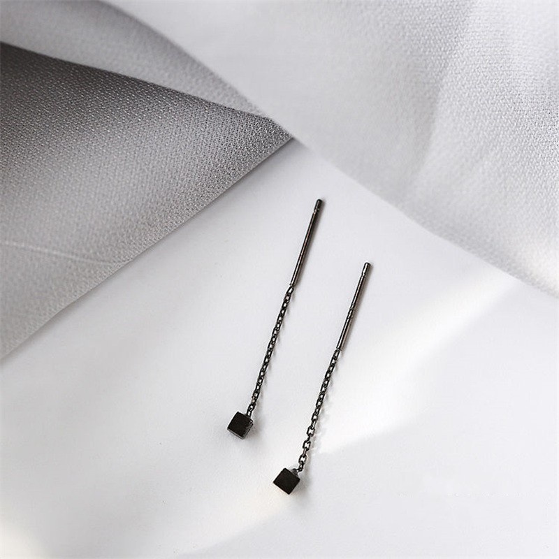 [1 Pair Korean Vintage Geometric Cube Tassel Pendant Earrings] [Women Bridal Wedding Drop Earrings] [Ladies Elegant Long Dangle Earrings]