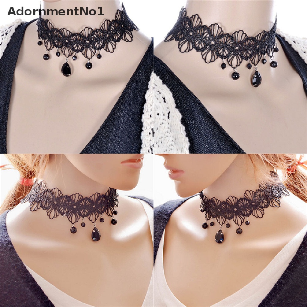 (AdornmentNo1) Kalung Choker Lace Hitam Pendan Bunga Gaya Gotik Retro