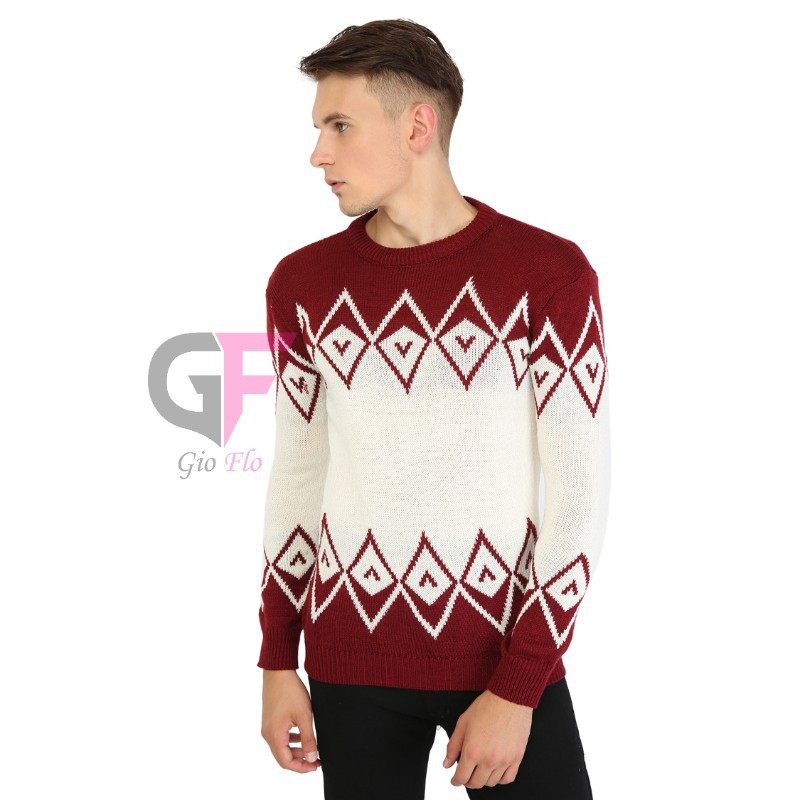 GIOFLO Pakaian Outer Sweater Rajut Motif Tribal Krem Maroon / SWE 1069