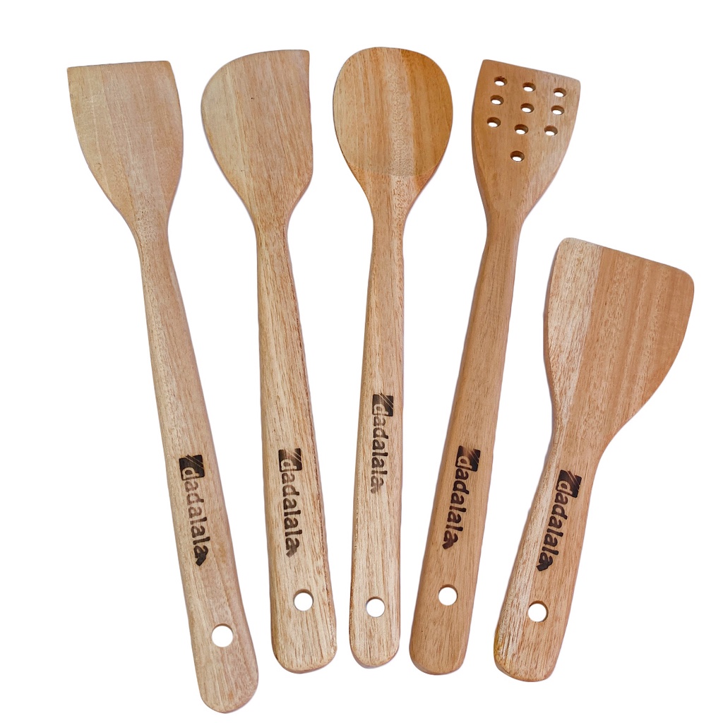 DADALALA Sodet Kayu Set (Isi 5) Bahan Kayu Mahoni Anti Lengket Panjang 35 Cm - Isi Spatula Kayu, Solet, Sendok Sayur, Centong Nasi