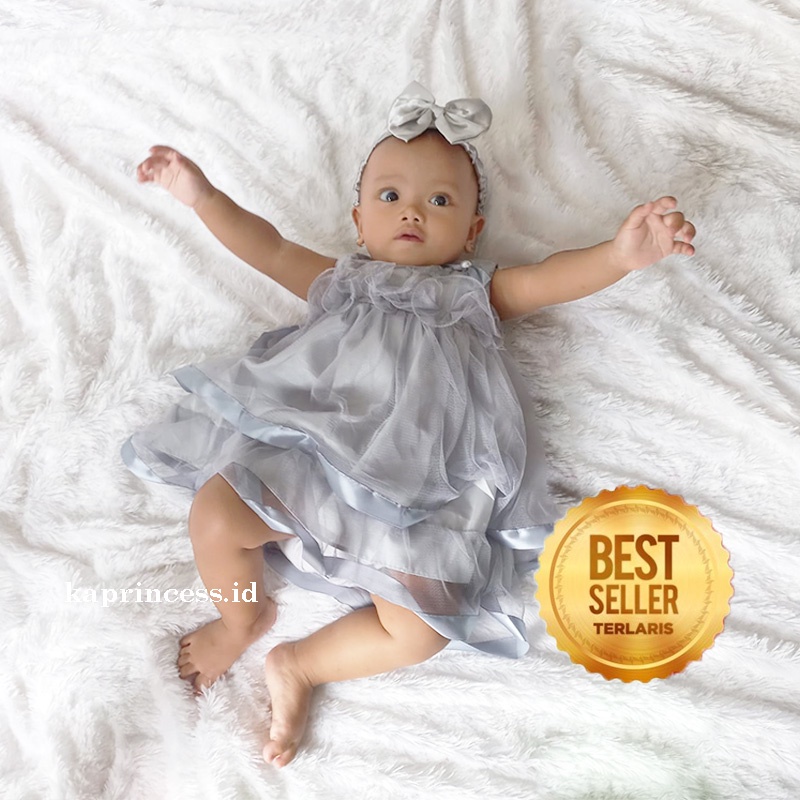 Gaun Bayi Perempuan 0 6 bulan Warna Abu Silver Korea Kekinian Import Dress Baby Cewek Ulang Tahun Sleeveles New Born KA103
