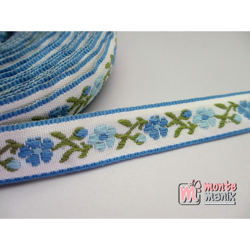 Pita Jacquard Motif Sulur Bunga Biru Muda 1,4cm (PITA-175)