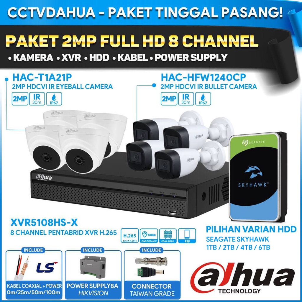 PAKET CCTV DAHUA 8 CHANNEL 2MP / 8 KAMERA 2MP DAHUA SIAP PASANG