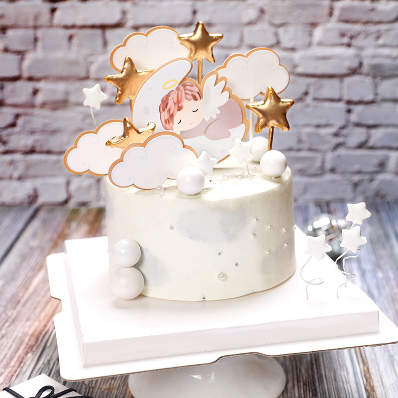 5pcs Topper Kue Desain Angel Moon Baby Dengan Bendera Untuk Dekorasi Pesta Ulang Tahun