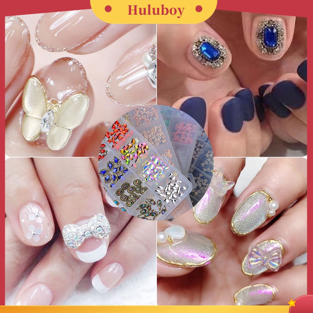 Huluboy Huluboy♡ 24 Grids / Box Berlian Imitasi Glitter Warna-Warni Untuk Dekorasi Nail Art