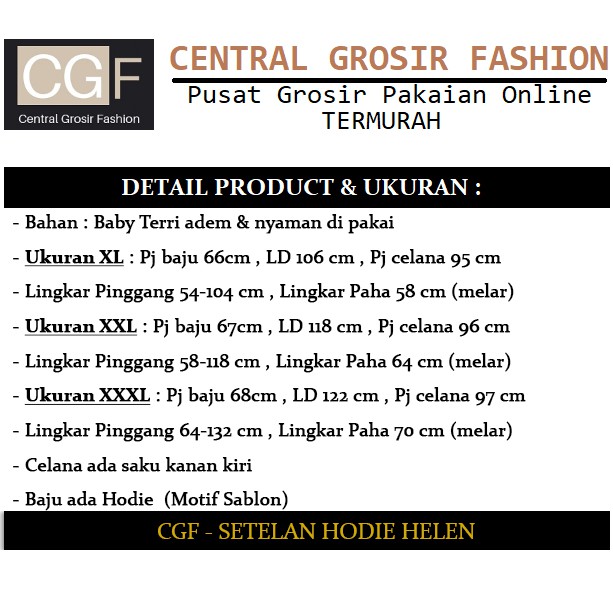 Setelan Hodie Helen - Central Grosir Fashion (CGF) - Ukuran XL-3XL - Matt Baby Terri