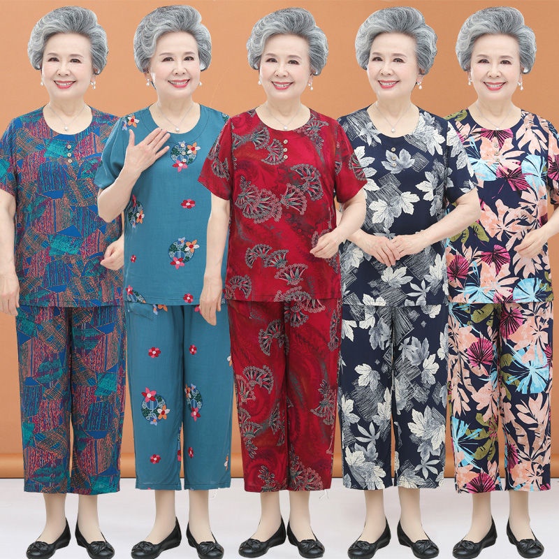 Setelan sutra katun musim panas wanita nenek, celana panjang lengan pendek setengah baya dan lanjut 