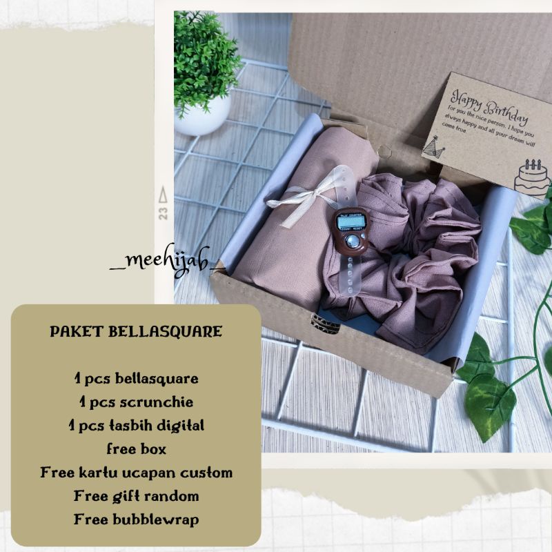 HAMPERS JILBAB GIFTBOX PASHMINA PLISKET SEGIEMPAT BELLA SQUARE MURAH