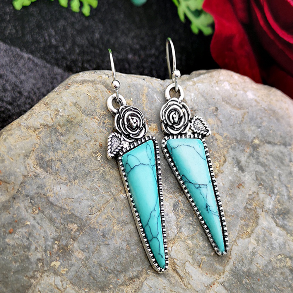 Hu Hu Hu Hu Hu Alat Bantu Pasang Kacamata♡ Anting Kait Gantung Desain Mawar Segitiga Hias Turquoise Imitasi Gaya Vintage Untuk Wanita