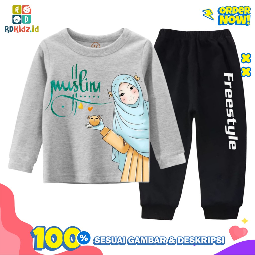 Rdkidzid Setelan Panjang Anak Perempuan / Set Panjang Anak Perempuan / Setelan Panjang Anak Cewek Motif Muslim Grey