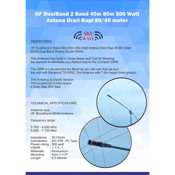 HF DualBand 2 Band 40m 80m 500 Watt Antena Orari Rapi 80/40 meter