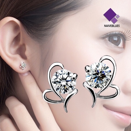 Naiveblue Anting Tusuk Sterling Silver 925 Desain Hati Hias Zircon Untuk Wanita