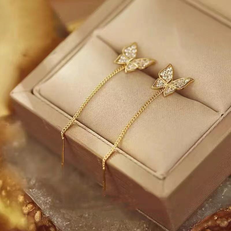 Anting Tusuk Gantung Bahan Sterling silver 925 Desain Kupu-Kupu + Bunga + zircon Gaya Korea Untuk Wanita