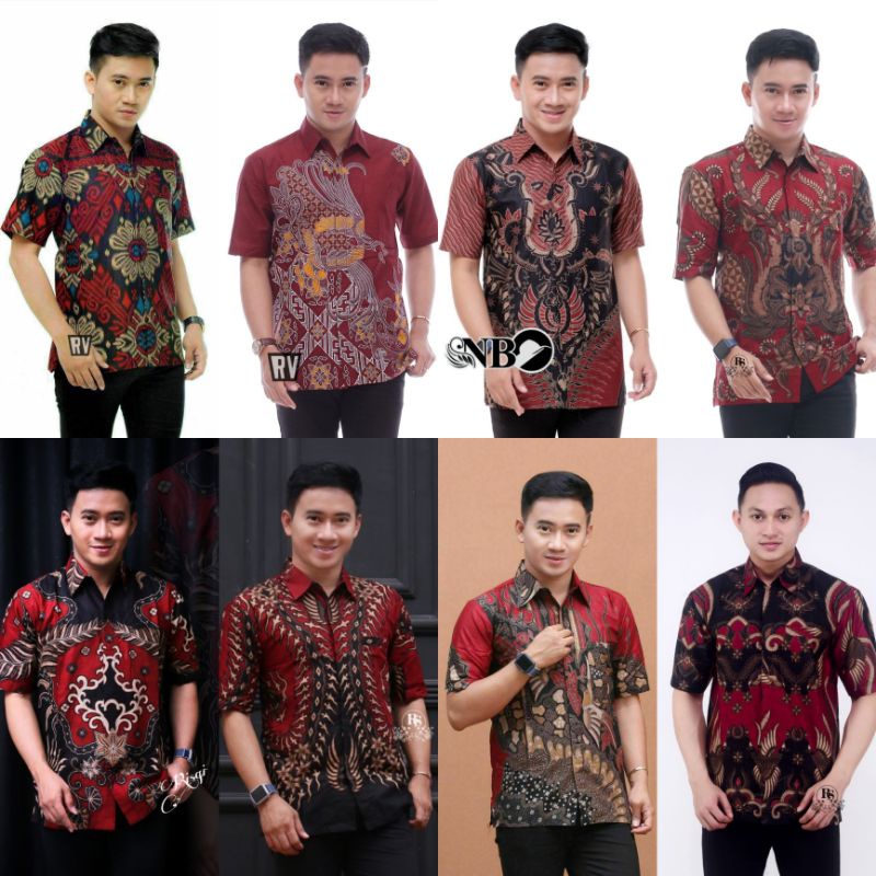Kemeja Batik Pria Lengan Pendek Slimfit Modern Atasan Baju Batik Pria Dewasa Warna Maron Merah Seragam Kerja Batik