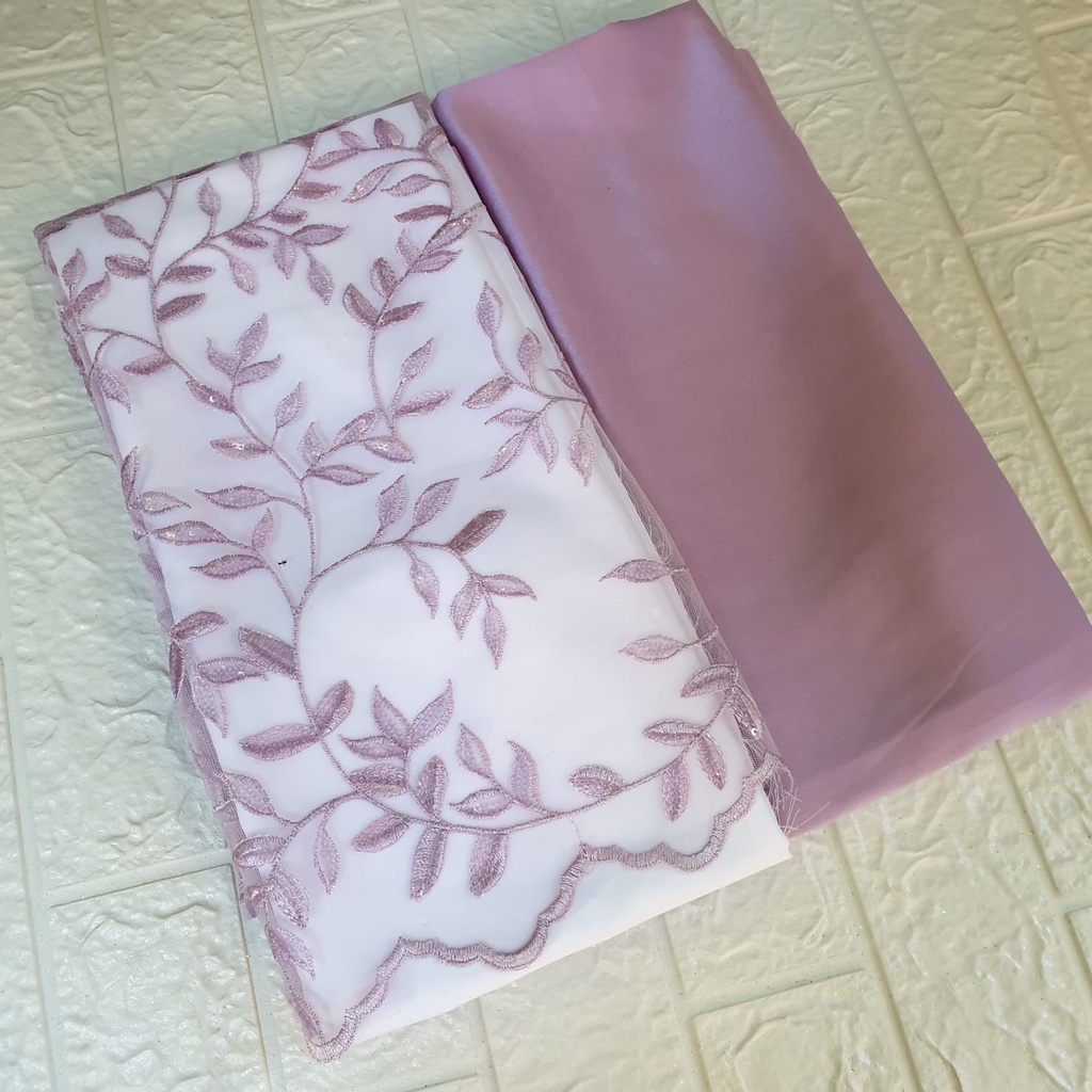 Combo Kain Tille Tulle Brokat Brukat Andin Special Motif Daun Payet Tanpa Mutiara Premium + Kain Fur