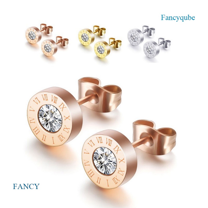 Anting Stud Desain Angka Romawi Bahan Stainless Steel Aksen Kristal Untuk Pria Dan Wanita