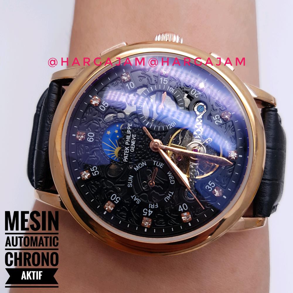 Elegan Jam Tangan Pria Automatic Patek Philippe P83000 Leather Strap hargajam cowok matic fashion