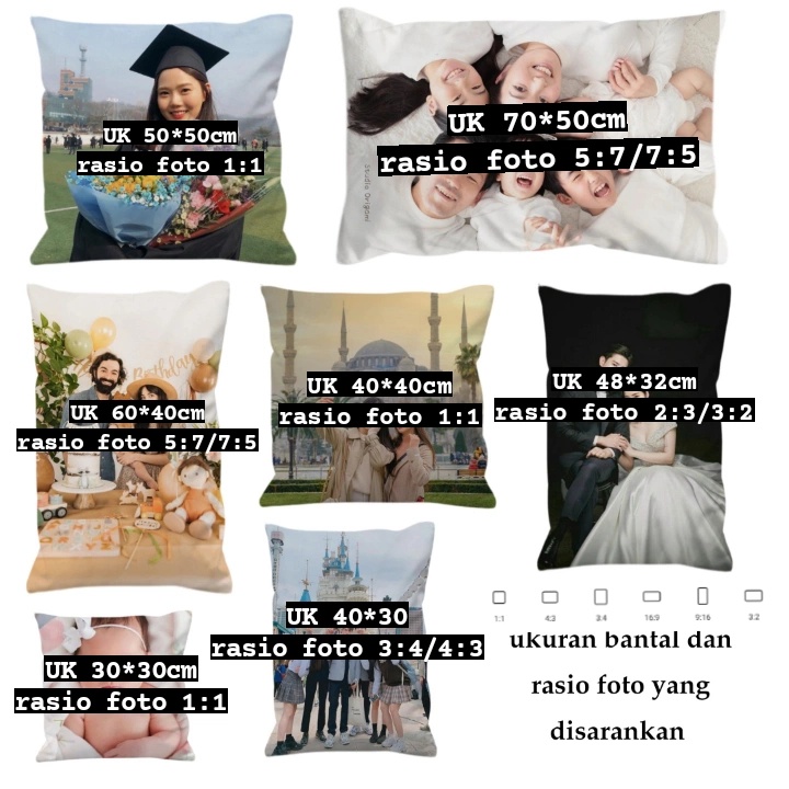 (BIG SIZE) Bantal custom foto 2 sisi ukuran 50x50cm, 60x40cm, 70x50cm.