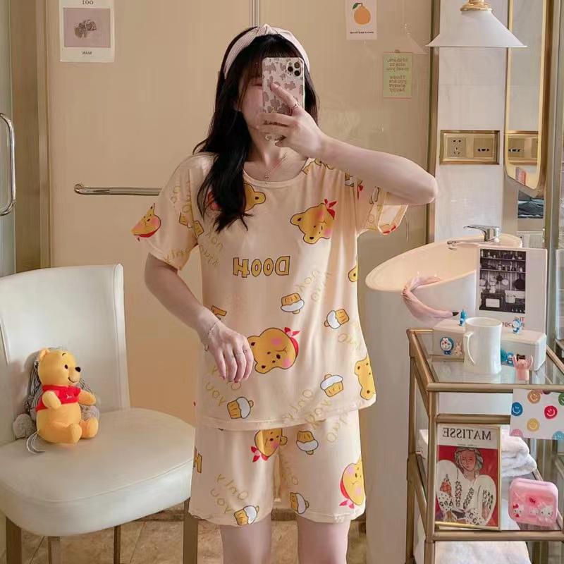 Piyama Baju Tidur Import Wanita Fashion Sleepwear Spandex Stelan Rumah Baju Santai Celana Pendek z-HP-Dooh Kuning