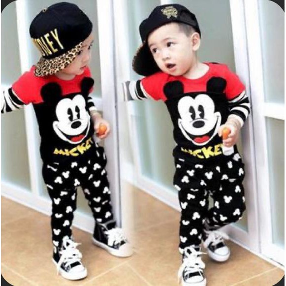 STELAN PIYAMA MOTIF MECKY /PIYAMA ANAK CWEK CWOK BAHAN KAOS/LENGAN PANJANG/TERBARU/TERMURAH 1-5