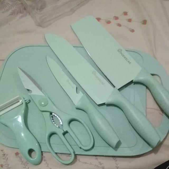 6 In 1 Kitchen Knife Set / Talenan Pisau Pengupas Gunting Dapur Set