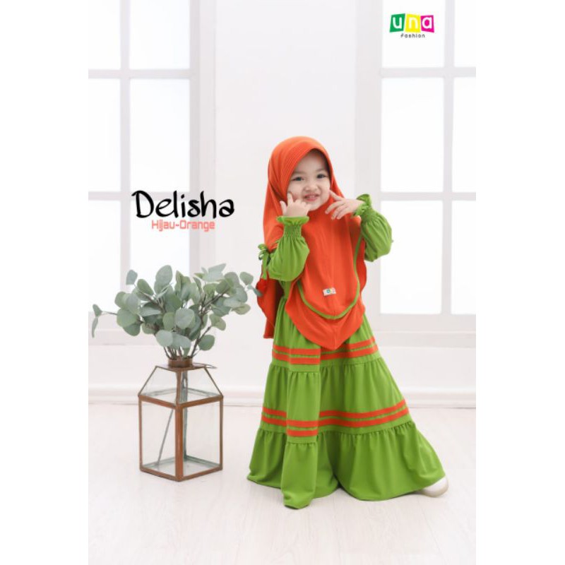SET GAMIS + HIJAB ANAK DELISHA JERSEY PREMIUM LUCU MURAH BAJU LEBARAN CANDA POLOS BY UNA FASHION