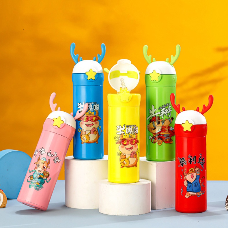 BOTOL MINUM TANDUK RUSA DALAM BAHAN KACA LUAR PLASTIK SEDOTAN SILILON BOTOL AIR DINGIN KACA