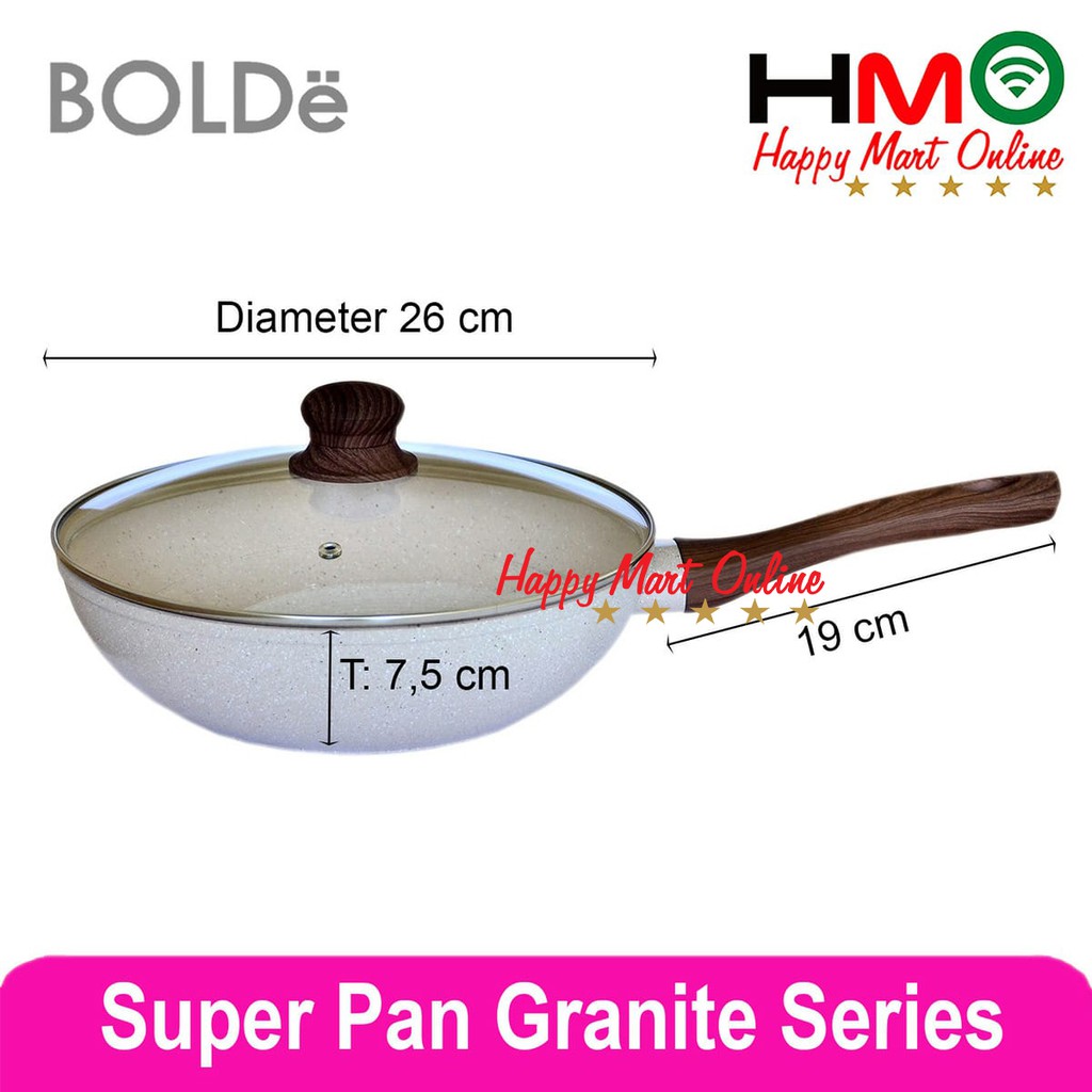Bolde Super Pan 26 CM Wok + Lid Kaca Granite Panci Wajan Keramik Bolde 26CM + Tutup Kaca