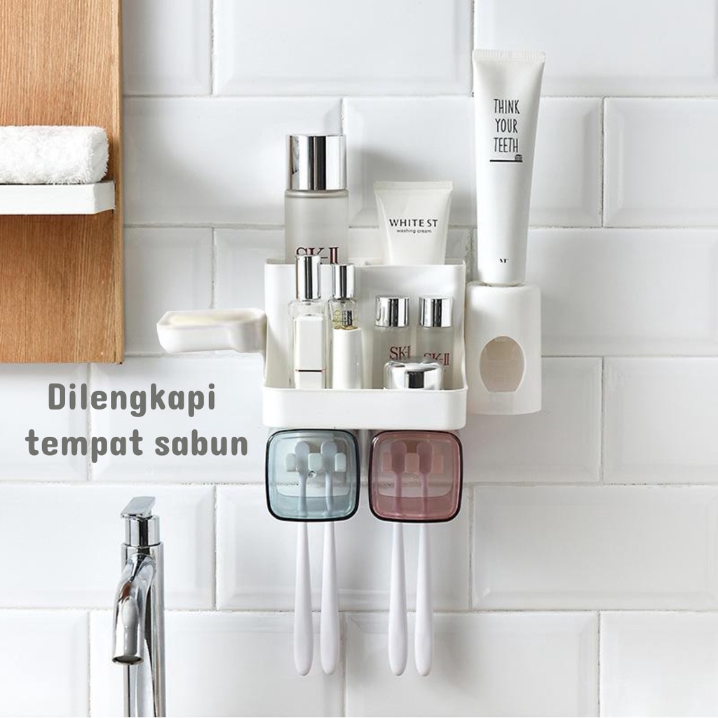 Rak Sikat Gigi Kamar Mandi Tooth Brush Hanger Organizer 4 Cup Set Plastik + Dispenser Odol + Tempat Sabun