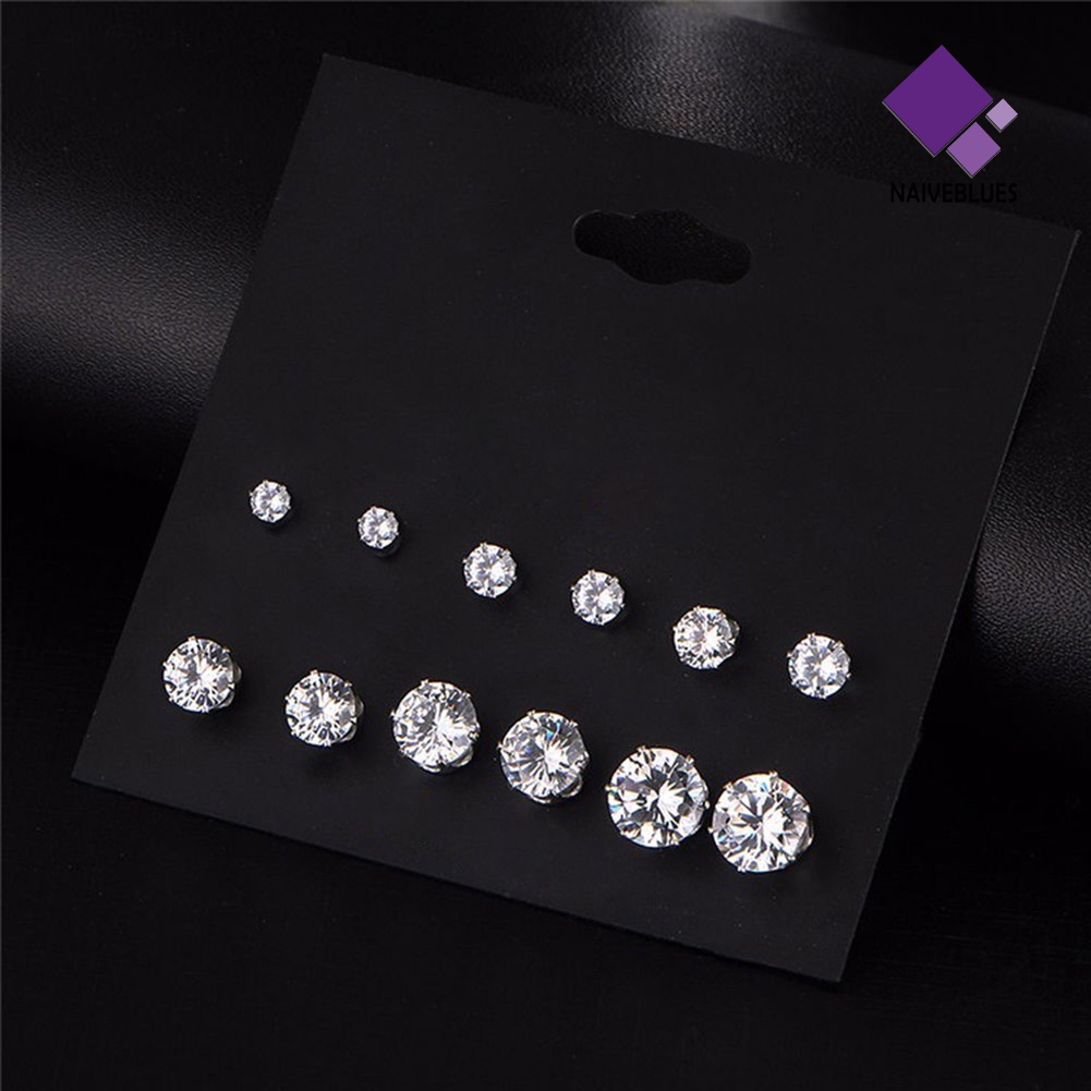 6 Pasang Anting Stud Cubic Zirconia Bentuk Mahkota Bulat Untuk Wanita