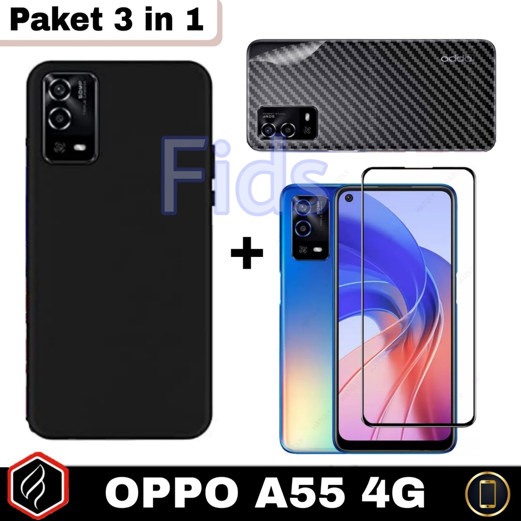 Paket 3 in 1 Case OPPO A55 4G Softcase Black Matte + Tempered Glass Free Garskin Carbon