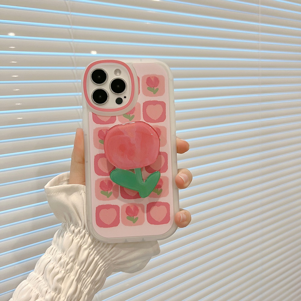 IPHONE Musim Panas Cinta Hati Pink Tulip Bunga Lucu Casing Ponsel Cover Untuk Iphone7 8 PLUS X XR XS 11 12 13 14 MINI PRO MAX SE 2020 Dengan Holder